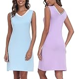 EA'S SECRET Nightgowns For Women 2 Pack Summer Cooling Bamboo Rayon Sleep Dress Short V Neck Sleeveless Tank Top Dress(Light Purple&Light Blue,L)