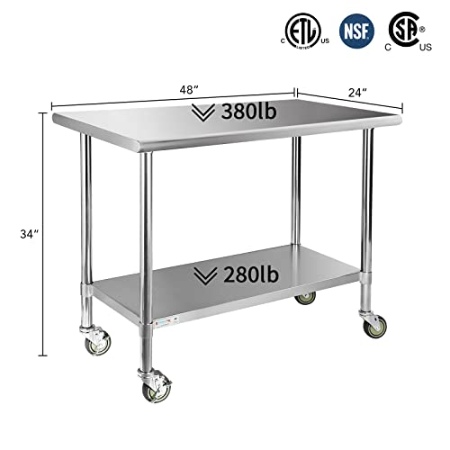 Image of STABLEINK NSF Stainless Steel Table with Wheels 48x24 Inches 4ft, Metal Prep & Work Table with Adjustable Undershelf, for Commercial Kitchen, Restaurant, Hotel, Laundry and Garage