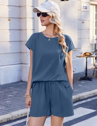 Ekouaer Cotton Two Piece Sets for Women Summer Short Set Crew Neck Matching Sets Cap Sleeve Vacation Outfits With Pocket - image 4