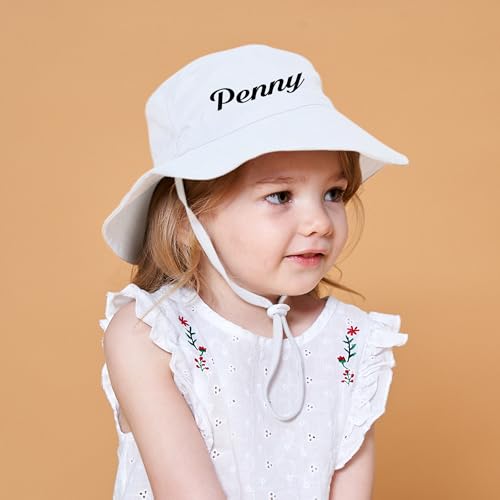 Custom Baby Sun Hat, Personalized Embroidered Name Toddler Bucket Hat, Wide Brim Beach Hat Summer Hat for Boys Girls White2