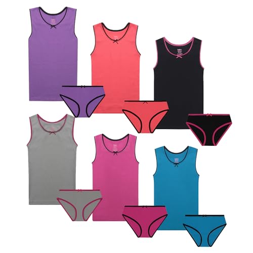 Buyless Fashion Girls Underwear Set - Tagless Cami Tank Matching Panties - Soft Cotton w/Colored Trim, Toddler - Teen Size