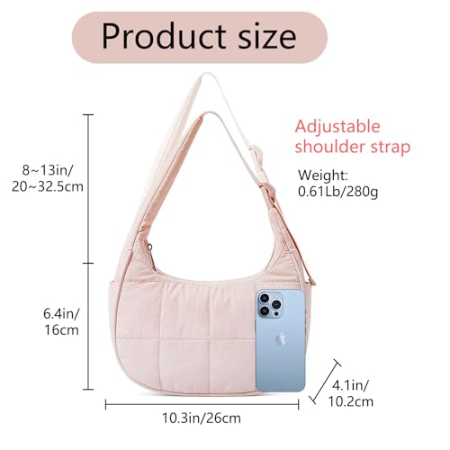 Image of Small Puffer Bag, Crescent Shoulder Bag for Women,Nylon Quilted Tote Handbags with Adjustable Strap (Pink)