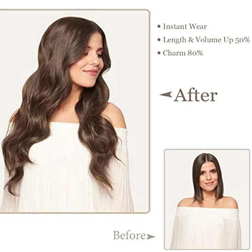 Invisible Wire Hair Extensions Long Body Wavy Hair Extensions With Transparent Headband Adjustable Size 4 Clip Fish Line Secret Synthetic Hairpieces For Women 20Inch(Dark Brown) #TOP4