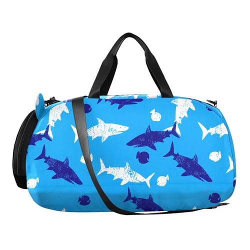 Sharks Fish Blue Kids Travel Duffel Bag for Boys Girls Overnight Weekend Tote Bag with Shoes Compartment for Beach Swim Trip2