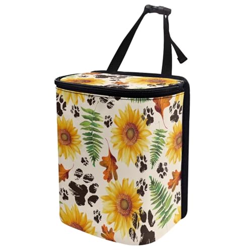 Image of Talayituse Sunflower Dog Paw Maple Leaves Print Car Trash Can with Adjustable Straps, Thanksgiving Decor Car Trash Bag Bin Car Garbage Bag Multipurpose Storage Box for Vehicle Travel Camping Picnicing