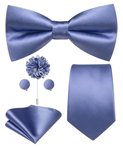 Image of Hi-Tie 5Pcs Mens Solid Color Silk Tie Satin Pretied Bowtie Lapel Pin for Men Handkerchief Cufflink Wedding Gift Box