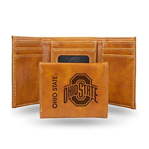Image of Rico Industries NCAA Ohio State Buckeyes Trifold Wallet, Brown - Laser Engraved Vegan Leather, 6 Card Slots, ID Window