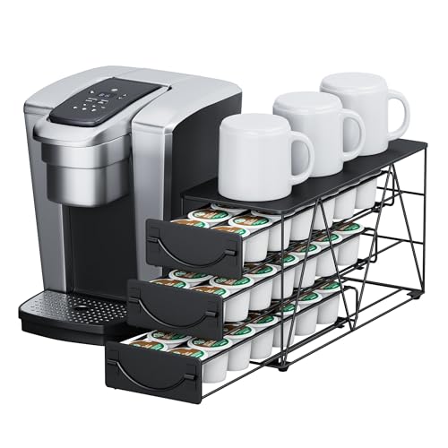 HFHOME Coffee Pod Holder For Counter, Pod Holder for K-cups, 3-tier Metal Coffee Capsule Storage Drawer, 42 Capacity Pods Organizer for Cafe Counter, Home, Office or Kitchen, Black