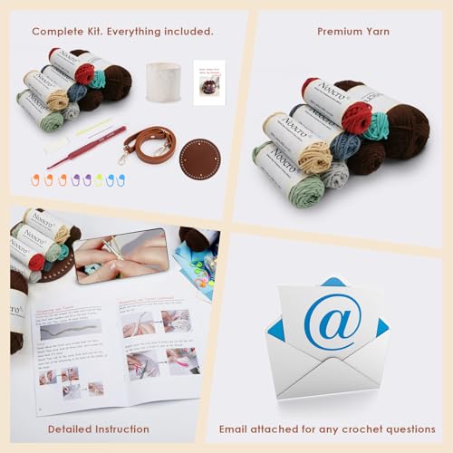 Image of Noocro Crochet Kit for Advanced or Intermediate Beginner DIY Granny Square Bucket Bag, Purse with Step by Step Tutorial Video and Detailed Instruction Complete Kit Craft Holiday Gift (Chestnut)