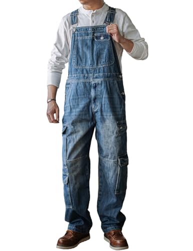 Dcincell Men's Denim Bib Overalls Jeans Loose Fit Coveralls Fashion Workwear Dungarees Baggy Jumpsuit with Cargo Pockets, Blue, 34