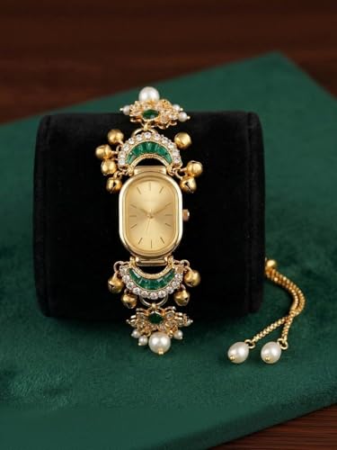 Image of Kashmiri Women's Bracelet Watch, Gold Tone, Oval Dial, Green Stone Charm with Pearl Pendant, Ethnic Style