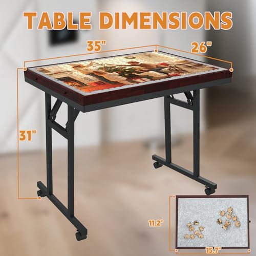 Image of Doerpuz Puzzle Table with Folding Legs, 1500 Pieces Puzzle Table for Adults with Drawers, Cover, Wheels, 5 Adjustable Up Angles Wooden Jigsaw Puzzle Board for All Ages