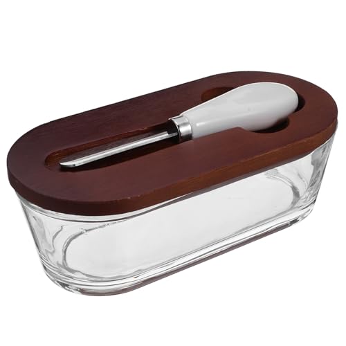Housoutil Burriera con Coperchio 300 Ml in Vetro e Legno con Coltello Integrato Contenitore per Burro e Formaggio da Banco per Conservazione Ottimale in Cucina Contemporanea