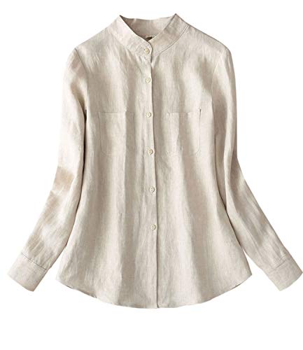 IXIMO Women's 100% Linen Blouses Stand Collar Long Sleeve Button Down Shirts Tops with Chest Pocket Hemp S IXIMO Women's 100% Linen Blouses Stand Collar Long Sleeve Button Down Shirts Tops with Chest Pocket Hemp S