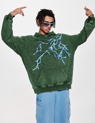 Vamtac Lightning Graphic Hoodies for Men Oversized Unisex Wash Hoodie Y2k Vintage Pullover Hooded Sweatshirt