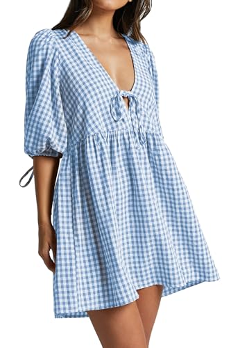 Image of Women's Gingham Puff Sleeve Tie Front Babydoll Mini Dress