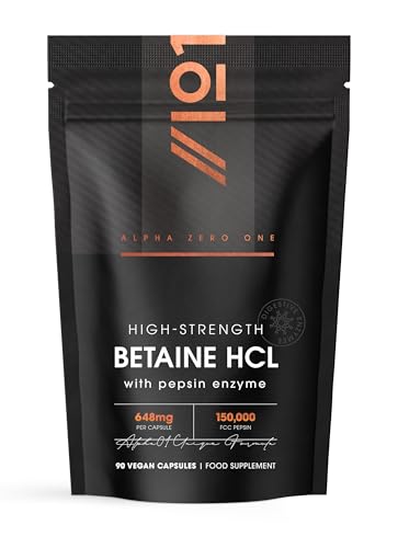 Betaine HCL 648mg & Pepsin 150 000 FCC - Potent Betaine Hydrochloride Pepsin Complex - 90 Vegan Capsules (3 Months Supply) Resealable and Recyclable Pouch by Alpha01