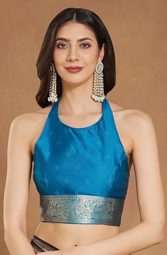 Image of Janasya Women's Sea Green Linen Blend Geometric Woven Design Jacquard Saree with Blouse Piece