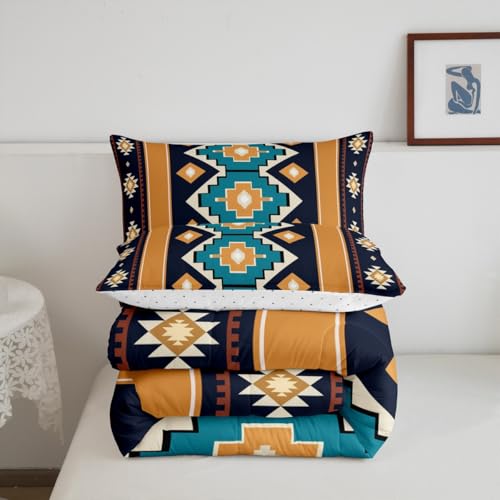 Image of Feelyou Boho Aztec Bedding Set Soft for Boys Girls, West Comforter Set Toddler Size Blue Teel Duvet Quilt Microfiber Western Bedroom Decor 2 Pcs with 1 Pillow Cases
