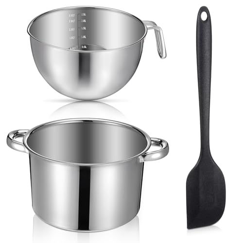 Double Boiler Pot Set Include 2500ml/2.3QT Mixing Bowl and 4000ml/3.63qt Stainless Steel Pot Silicone Spatula For Candy Soap Wax Candle Making Supplies Induction Safe