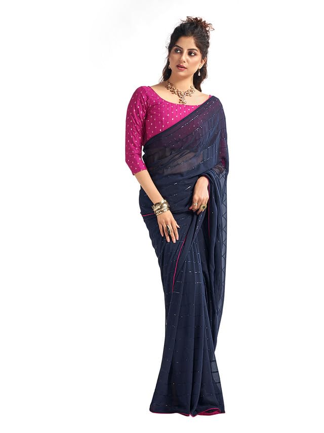 Satrani Women's Georgette Sequence Work & Piping Border Saree With Unstitched Blouse Piece (3475S708N_Navy Blue)