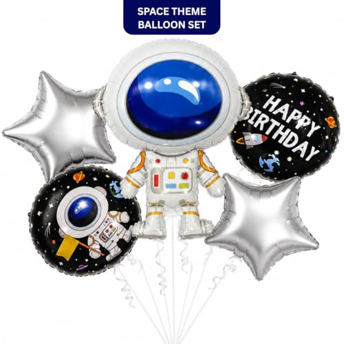 Image of Wanna Party Space Theme Foil Balloon Set (Pack of 5) | Astronaut, Rocket & Star Balloons for Kids Birthday | Outer Space Party Decorations | Happy Birthday Balloon Combo
