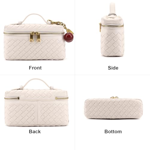 Image of Small Woven Box Crossbody Bags for Women Designer Leather Mini Top Handle Clutch Purse Square Vanity Bag with Cherry Charm