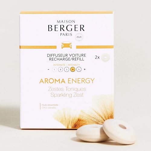 Image of Maison Berger Car Diffuser Refill Set, Aroma Energy | Grapefruit Orange Zest Notes, 2 Ceramic Inserts, Fits Maison Berger Vent Clips, 4-Week Diffusion, Made in France