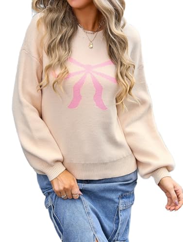Image of Womens Knitted Pullover Bow Sweater Long Sleeve Crewneck Y2k Casual Bow Top