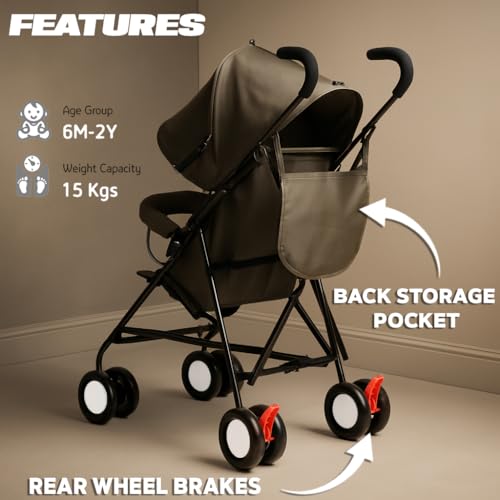 Pandaoriginals Luna Travel Buggy Stroller Pram for 6-36 Months,Safety Harness,360° Swivel Wheel Compact & Travel Friendly Extendable Canopy, Upto 15Kg (Army Buggy)
