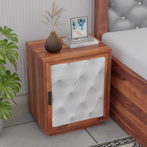Image of DRIFTINGWOOD Solid Wood Dolvi Bedside Table | Wooden Bed Side Tables | Nightstand Side Table for Bedroom | Nigh Stand End Table with Upholstery Front | Natural Finish