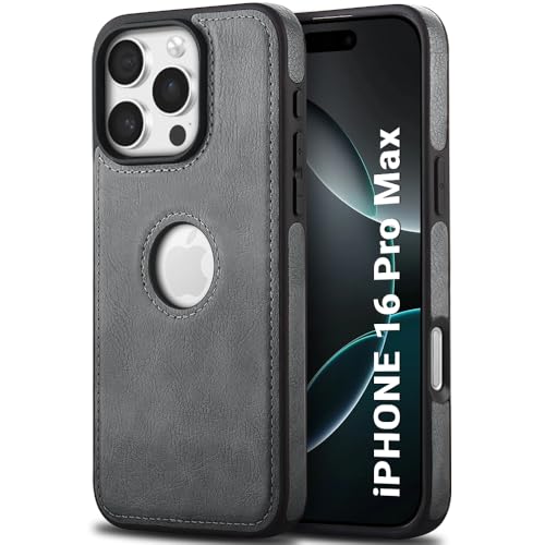 Image of TheGiftKart Genuine Leather Finish Back Cover Case for iPhone 16 Pro Max | Shockproof Design | Raised Edges for Camera & Screen Protection | Stunning Minimalist Case Cover (Faux Leather & PC, Grey)
