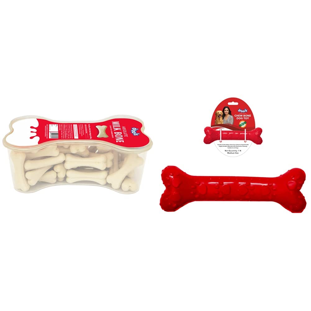 Drools Absolute Milk Bone Jar, Dog Treats - 40 Pieces (600 g)&Drools Non-Toxic Rubber Dog Chew Bone Toy, Puppy/Dog Teething Toy (Medium) - 5 inches, Red (B0BP532TPT) Amazon Price History, Amazon Price Tracker
