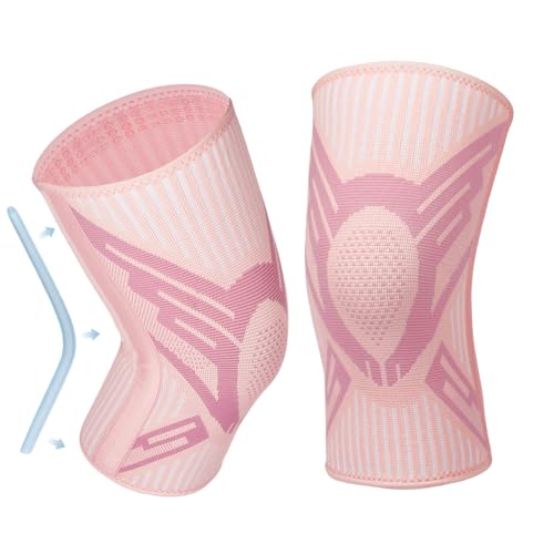 AOOWU Rodillera para Menisco y Ligamento, 2PCS Rodillera Deportiva de Compresión con Barra de Soporte, Rodilleras Transpirable para Artritis, Lesión de Ligamentos, Yoga, Senderismo, Correr (Rosa, L)