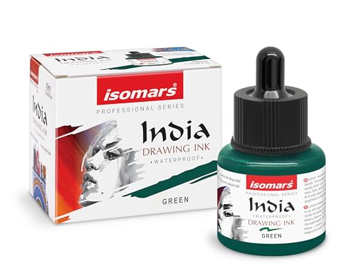 Image of Isomars Waterproof Drawing Ink with Dropper - 35ml | India Ink for Calligraphy, Art, Technical Drawing | Fade-Resistant & Quick-Drying (Green)
