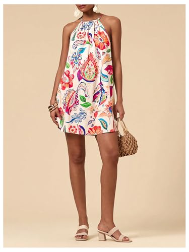Image of SweatyRocks Women's Tropical Print Halter Dresses Sleeveless Holiday Summer Mini Dress