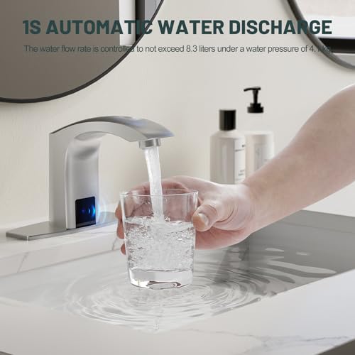 Image of Touchless Bathroom Sink Faucets, Greenspring Automatic Faucet Bathroom Commercial Motion Sensor Faucet Battery or Plug-in Powered with Control Box and Temperature Mixer, Brass, Brushed Nickel