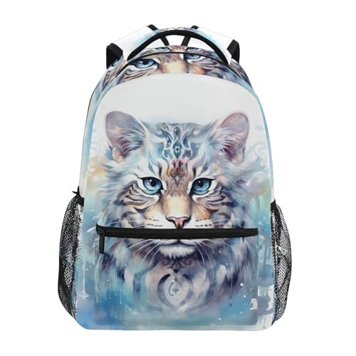 ALAZA White Cat Blue Tie Dye Backpacks for Girls Boys Elementary School Bag Kids Bookbag Personalized Travel Daypack 3rd 4th 5th Grade Rucksack 16in