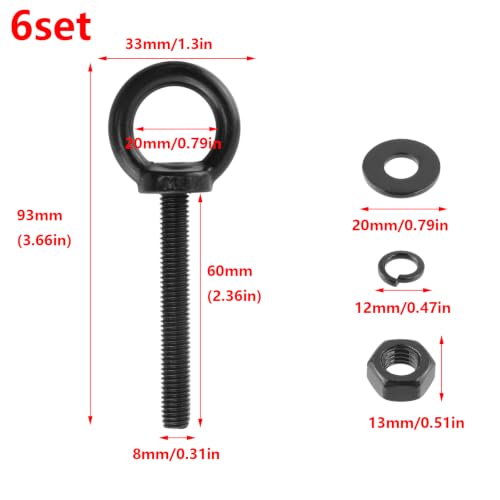 Image of Antrader Lifting Shoulder Eye Bolts,M8 Eye Bolt,M8 x 60mm,Black,6 Sets | Stainless Steel Eyebolts with Lock Nuts,Lock Washers,Flat Washers