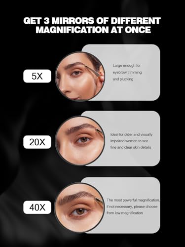 Image of Macaki 5X /20X /40X Magnifying Mirror with Suction Cups and Tweezers Set, 3.5 inches Travel Magnified Makeup Mirror, Black, 3PCS