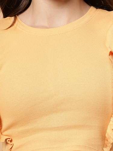 Image of Women's Round Neck Sleeveless Side Frill Design Pure Cotton Crop Top - Comfortable & Stylish Summer Top for Casual Wear