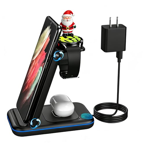 Wireless Charger for Samsung/Android, HOLYJOY Foldable 3 in 1 Fast Charging Station/Stand/Multi Charger for Samsung S25 Ultra/S24/Note 20, Travel Pad for Galaxy Watch 8/7/6/5/Active 2, For Buds(Black)