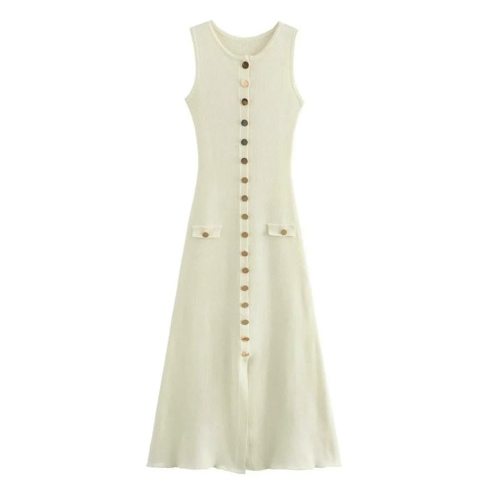 gonne da Donna Abito da Donna A Maglia da Donna O Abito Senza Maniche con Tasche Vestito Midi-Beige-m