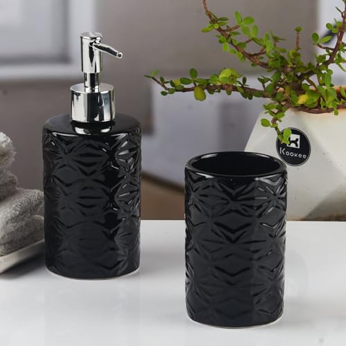 Image of Kookee Ceramic Bathroom Set - Stylish 2 Piece Bath Accessories Kit with Soap Dispenser, Toothbrush Holder - Modern & Designer Decor for Home & Guest Bathrooms, Black (11112)