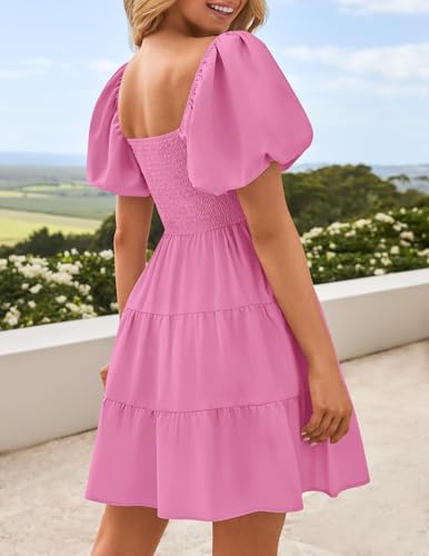Image of ZESICA Women's Boho 2026 Summer Square Neck Puff Sleeve Off Shoulder Smocked Tiered Casual A Line Short Mini Dress
