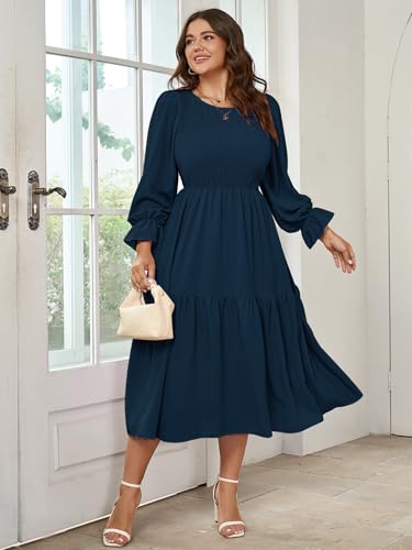 Image of SHESTARR Women's Plus Size Dress Long Sleeve Crewneck Smocked Tiered Flowy Boho Wedding Party Maxi Dresses