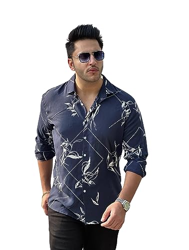 Image of GRITSTONES Men Navy Blue White Floral Rayon Shirt