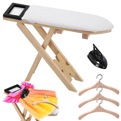 VDSOW Wichtel Accesorios Miniatura Plancha Kit con Tabla de planchar en miniatura y 3 Piezas Percha en Miniatura de Madera Accesorios para Casa de Muñecas Accesorios Wichtelzubehör 1 12, Wichtel