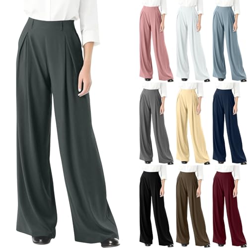 Gumipy Womens Wide Leg Work Pants Elastic High Waisted Pull On Dress Pants Flowy Pleated Business Casual Trousers with Pocket