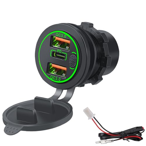 Kework 3 Ports 18W USB Car Charger with Switch, 12-24V Dual QC 3.0 USB & PD USB C Cigarette Lighter Socket Outlet, Dashboard Mount Quick Charge Charger for Car Motorcycle Truck Marine Boat,Green Light